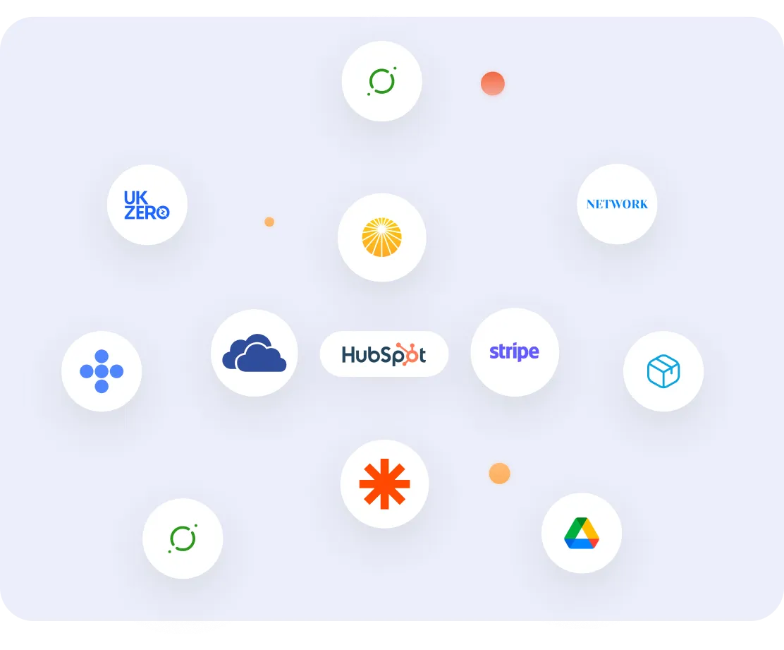 Logos of companies and tools that work with Digipay, including HubSpot, Stripe and Google Drive