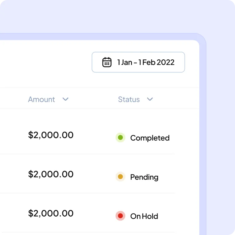 Payment history with completed, pending and on-hold transfers