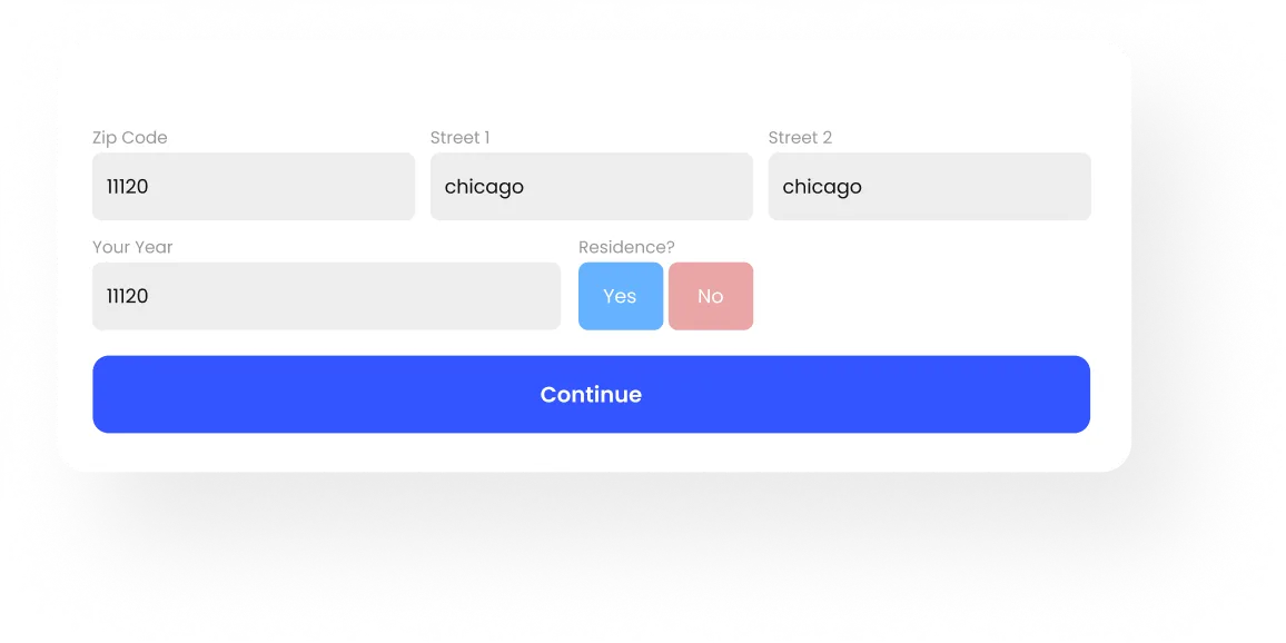 Insurance quote form with zip code, street and residence fields and a Continue button